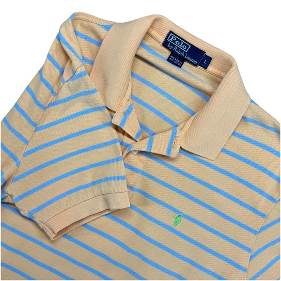 RALPH LAUREN Polo Mens Shirt Large Peach Blue Striped Short Sleeve Cotton - Picture 1 of 8